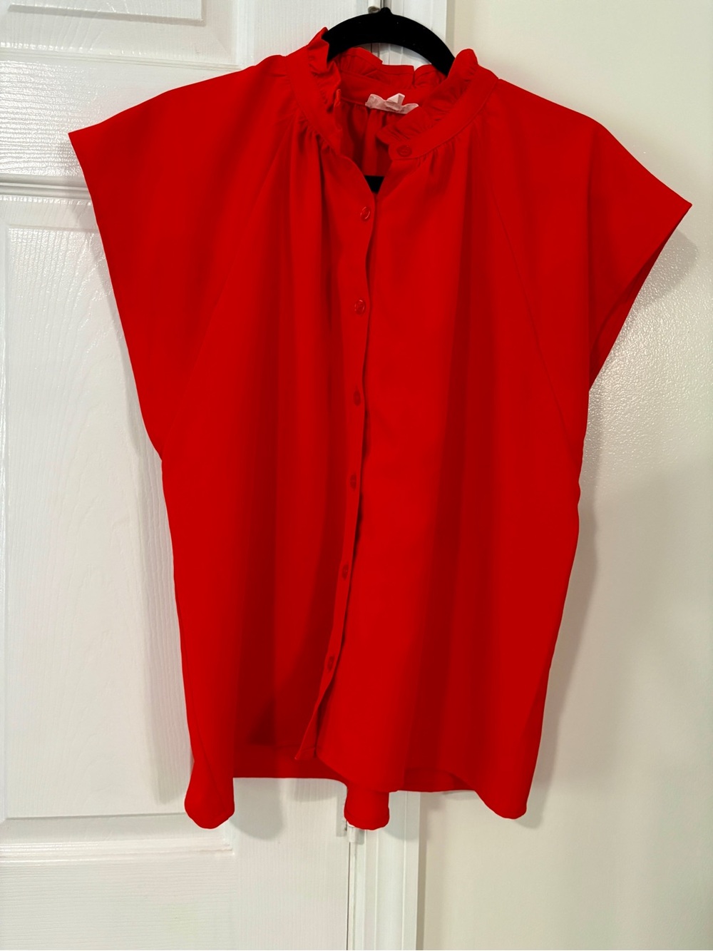 Red Frill-Neck Button Down Short Sleeve Blouse